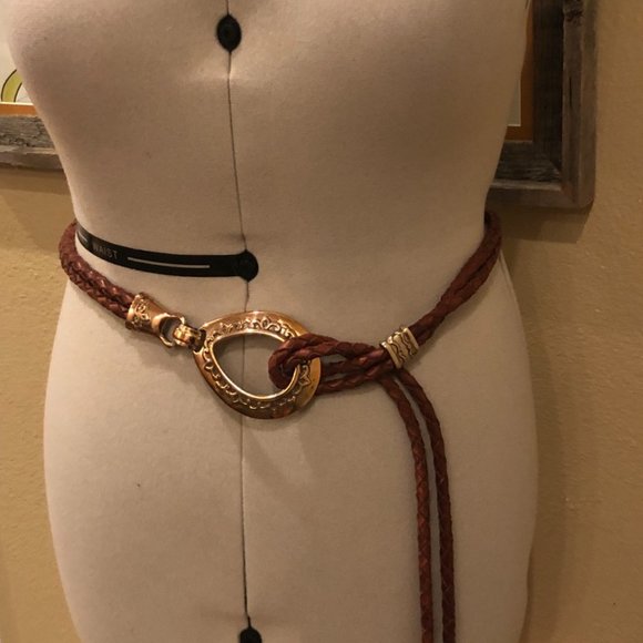 Vintage leather woven belt with brass accents. (BO7) main image 8
